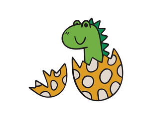 Cute dinosaur or dino hatches from broken egg. Cartoon green hand drawn doodle cute dinosaur simple childish sketch style. dinosaur icon, print design for baby, kids