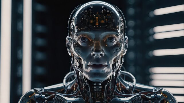 Close up of a futuristic humanoid robot with a transparent head and visible inner workings looking forward