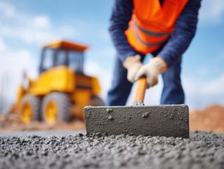 Construction worker safety gear is smoothing freshly laid concrete with trowel construction site, with yellow bulldozer