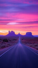 Fototapeta premium Majestic Sunset Road Trip: Vibrant Pink and Purple Sky over Monument Valley