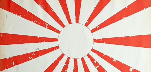 Distressed red, white, and starburst sun pattern on vintage paper texture, sunburst, grunge