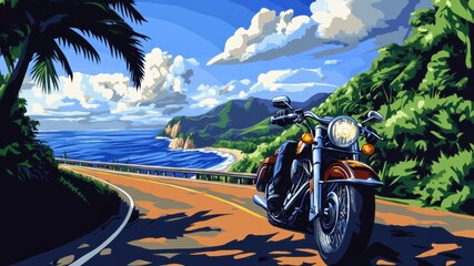 Motorcycle on a scenic coastline road. Adventure awaits