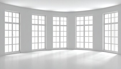 Fototapeta premium An empty room with windows features a clean interior space with natural light illuminating the parquet floor and walls, suggesting a new home or office design