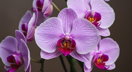 Fototapeta premium Blooming Orchid Flowers with Water Droplets, Close-up View