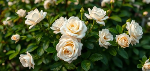 Fototapeta premium Delicate white roses and lush green foliage, soft-focus background, spring, beauty