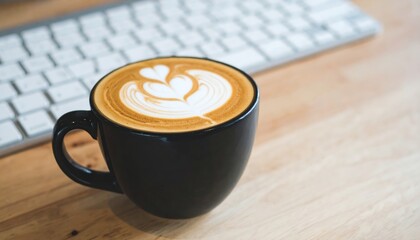 Hot brown espresso in a white cup on a laptop suggests a morning caffeine boost at a cafe table