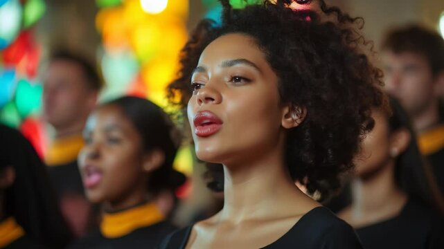 Young woman with short curly hair sings, lips slightly parted, vivid stained glass shining behind her