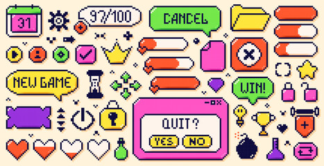 A large set of pixel game art 8 bit icons drawn in a bright neon color scheme. Speech bubbles, hearts, crown and many other elements.