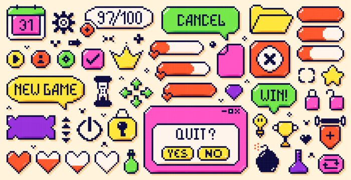 A large set of pixel game art 8 bit icons drawn in a bright neon color scheme. Speech bubbles, hearts, crown and many other elements.