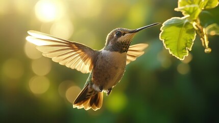 Fototapeta premium Beautiful hummingbird hovering near sunlit leaves in nature