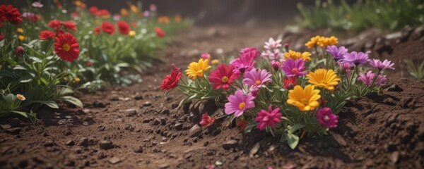 Obraz premium Vibrant summer blooms being carefully nestled into rich soil , landscape, colorful flowers, summer