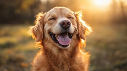 Joyful golden retriever in sunlit field at sunset