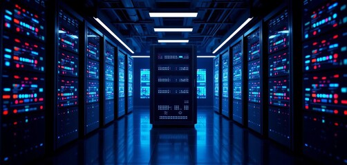 Dark server room icon depicting abstract data blocks, symbolizing website hosting and database data center,  icon,  memory