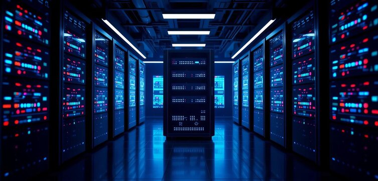 Dark server room icon depicting abstract data blocks, symbolizing website hosting and database data center,  icon,  memory