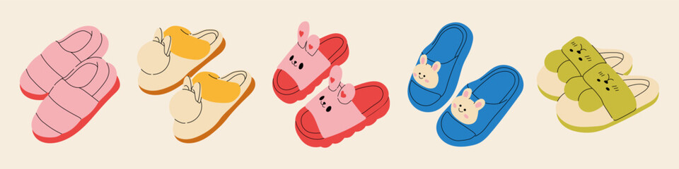 Cute slippers set. Home slipper for kids, isolated footwear collection. Warming house accessories, adult shoes racy vector clipart. Stylish modern design of shoes for women and children.