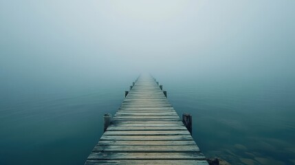 Obraz premium Misty wooden dock extending into fog over calm water