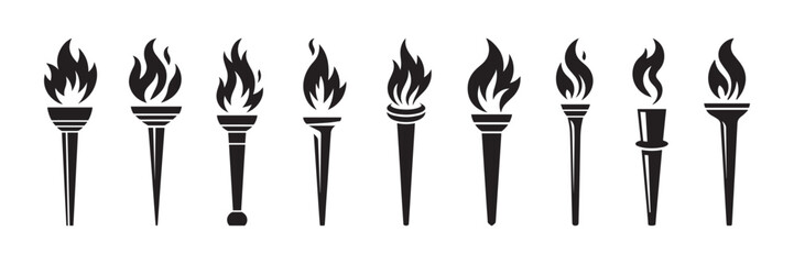 Collection of Black Torch Flame Icons Showing Different Torch Designs in a Bold Silhouette Style Format