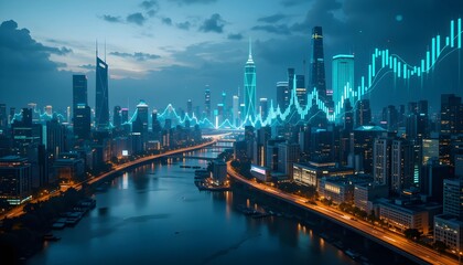 Fototapeta premium Nighttime Aerial View of a Modern City Skyline with Glowing Turquoise Financial Charts Overlaid on Skyscrapers and River Roads