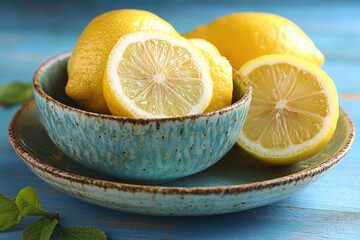 Bright lemons in rustic blue bowl on painted wood surface. For healthy food, vitamin C, cooking, or fresh juice concepts.