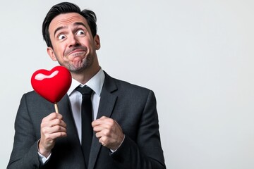 Isolated white midlife man on pure white background with lollipop heart in hands.  Cute Valentine's Day greeting.  Professional studio visual, copy space.