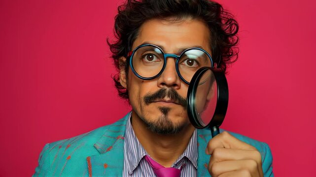 Man in colorful suit and big glasses holds a magnifying glass in front of a bold pink background