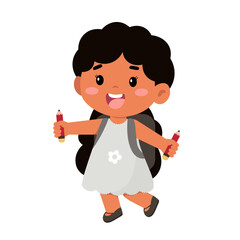 Happy Girls Kindergarten Holding Pencil Illustration