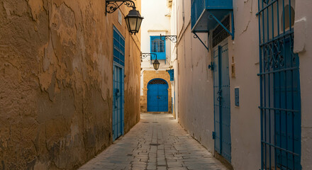 Fototapeta premium alleyway, alley, narrow street, Blue Doors in a Narrow Alleyway