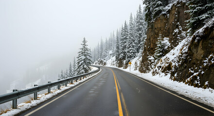 winter,  snow,  mountain road, Snowy Mountain Road in Winter Fog