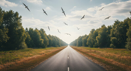 birds,  birds in flight,  birds flying, Birds Flying Over a Country Road
