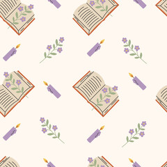 Books and Flowers Seamless Pattern. Hand drawn vintage Literature Background with falling open novels candles and floral twigs. Provence repeat vector illustration