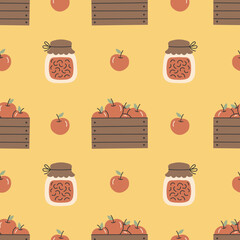 Red Apple Harvest Seamless Pattern. Red fruit background with jar of jam wooden box leaves. Canned Food preserve tinned goods conserve. Flat vector illustration
