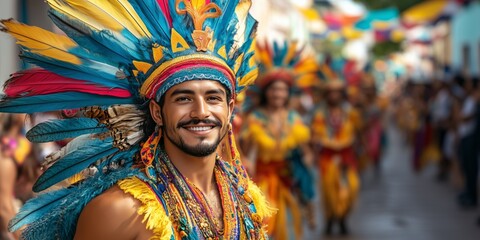 Fototapeta premium a Golowan parade, vibrant costumes and giant puppets marching through a decorated street