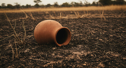 Ancient clay pot rests on scorched earth whispering tales of drought and resilience a powerful image of survival