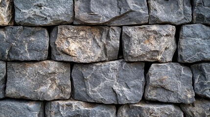Fototapeta premium Rough hewn stone wall featuring textured gray blocks in a rustic setting