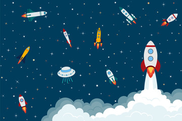 Rocket launch into space. Spaceships flying nearby. Vector illustration. Metaphor of launching a startup in a competitive environment. Illustration with rockets  for business research and innovation.
