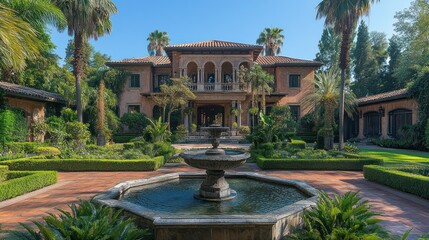 Mediterranean mansion courtyard fountain, garden, sunny day, luxury estate