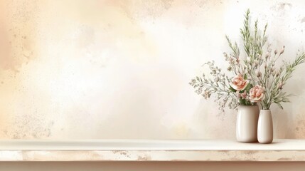 Beige wall, shelf, flowers, vases