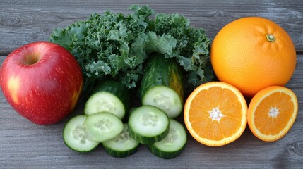 Vibrant Healthy Fruits and Vegetables: A Deliciously Nutritious Apple, Kale, Cucumber, and Orange Combination