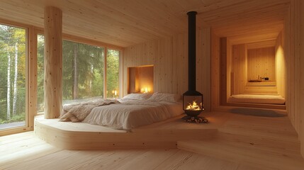 Cozy wooden bedroom with a circular bed platform, fireplace, and large windows overlooking a forest