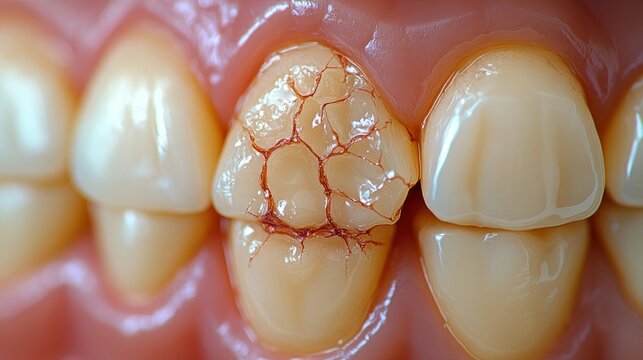 Damaged tooth with visible cracks and blood vessels