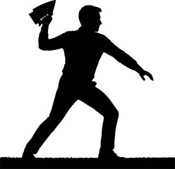 a man carry a iron and stand in throwing pose in black and white silhouette asset in white background