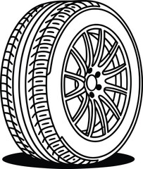 High-Performance Car Tire Line Art, Detailed Automotive Wheel Illustration.