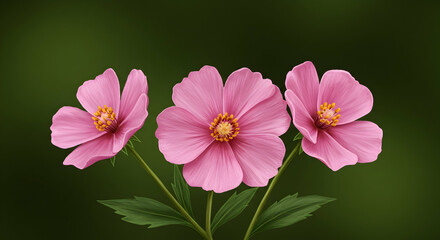 Fototapeta premium pink cosmos, cosmos flowers, flowers, Three Pink Cosmos Flowers on Dark Green Background
