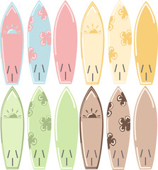 Set of multicolored vector surfboard isolated.