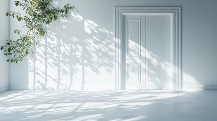 Bright minimalist room with sunlit white door and green plant shadow