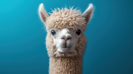 Obraz premium Close-up portrait of a fluffy alpaca against a blue background