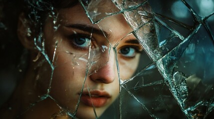 Intense Portrait of a Young Woman Gazing Through Broken Glass Fragments, Expressing Vulnerability and Emotional Depth