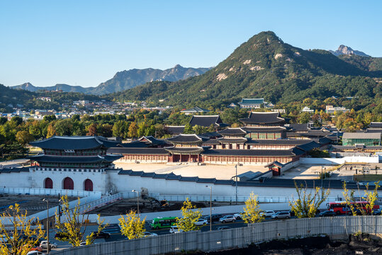 Aerial view of Gyeongbokgung royal palace of the Joseon dynasty in Seoul, capital of South Korea