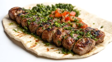 Photograph of lamb skewers on pita bread, garnished with herbs and diced tomatoes.