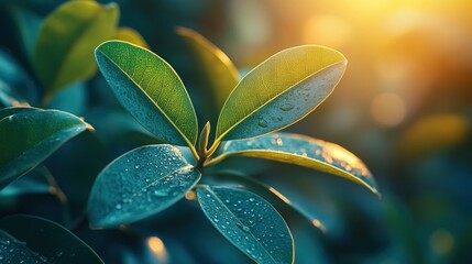Dew-kissed leaves bathed in golden sunlight